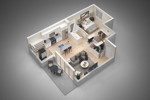 Floor plan for 1 bed, 1 bath, 764 sqft